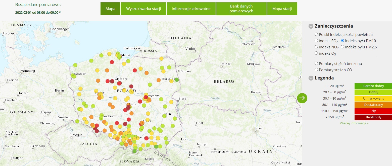 Mapa indeksu jakości powietrza dla pyłu zawieszonego PM10, wysokie stężenia pyłów występują głównie w centrum kraju: na ziemi łódzkiej i na kujawach, oraz na Dolnym Śląsku w rejonie Kotliny Kłodzkiej