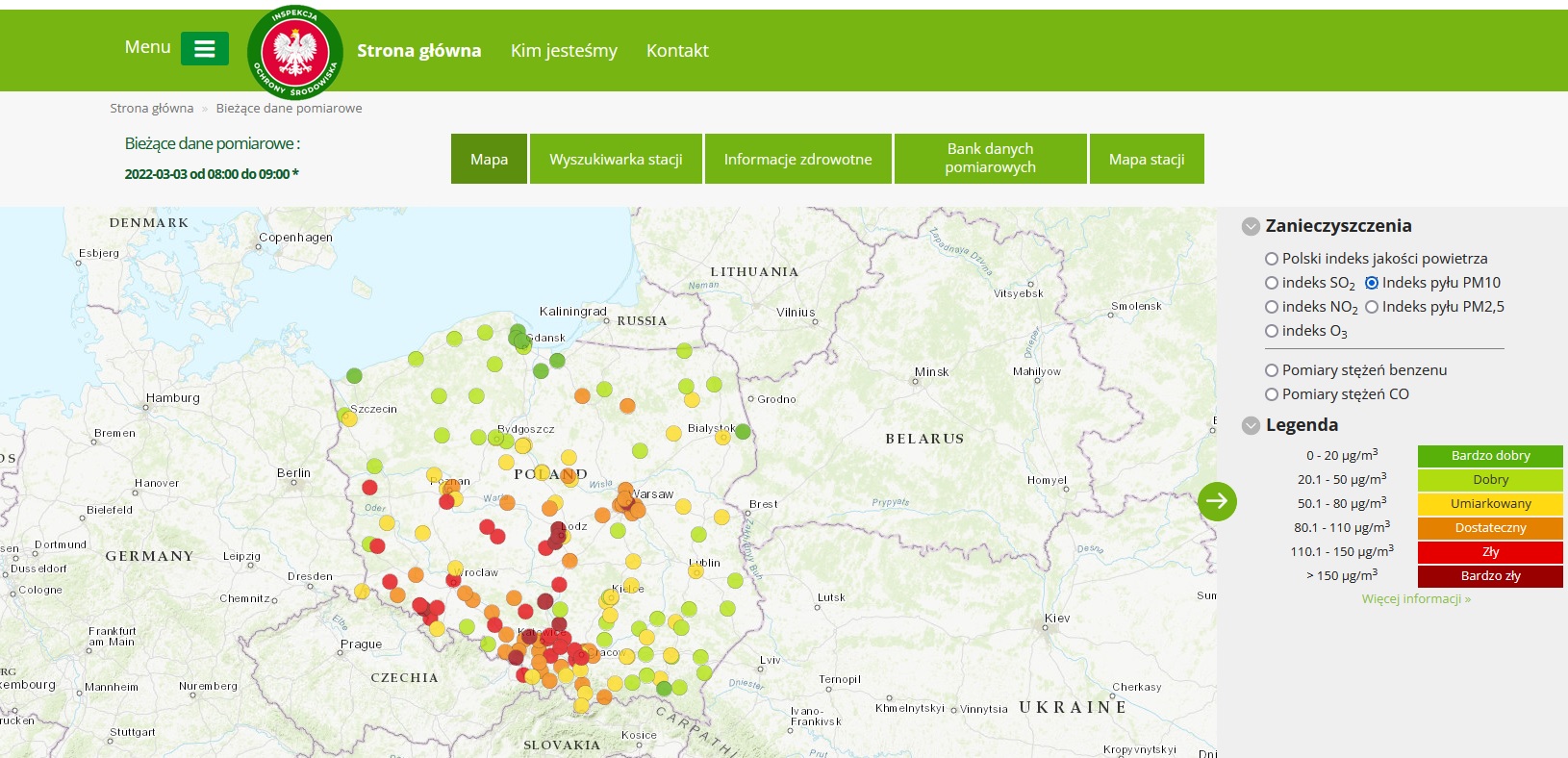 mapa bieżących danych pomairowych - indeks dla pyłu zawieszonego PM10