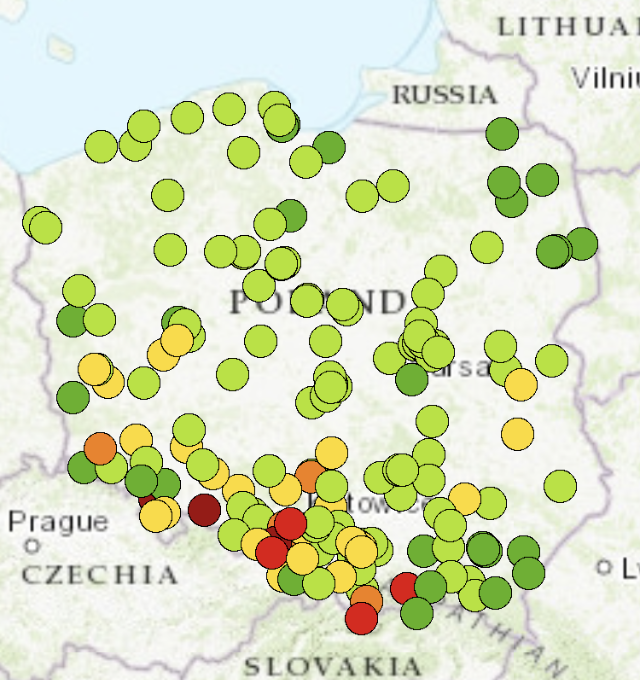 Na terenie Dolnego Sląska, opolszczyzny, Śląska i małopolski odnotowywany jest indeks Zły i Bardzo zły. w pozostałej części kraju  dominuje indeks Dobry.
