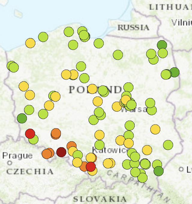 Na terenie Dolnego Sląska, opolszczyzny, Śląska  odnotowywany jest indeks Dostateczny, Zły, Bardzo zły. w pozostałej części kraju  dominuje indeks Dobry i Umiarkowany.