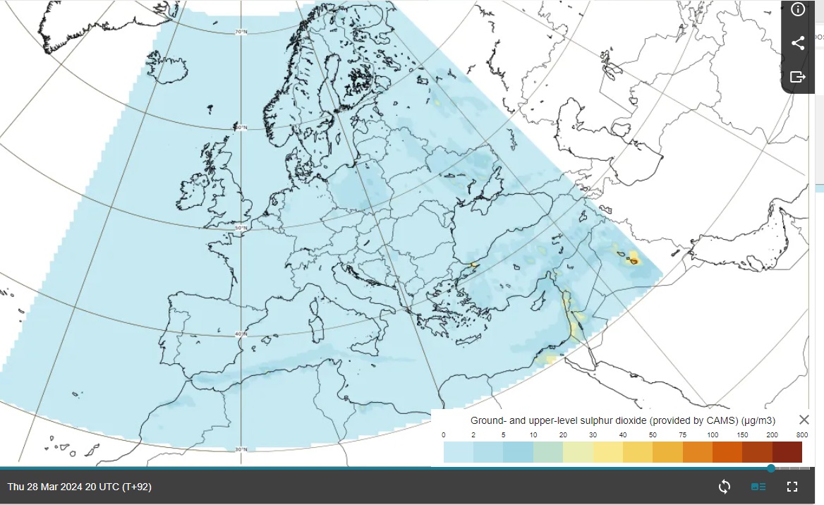 Mapa prognoz SO2 wykazująca brak ryzyka dużych stężeń