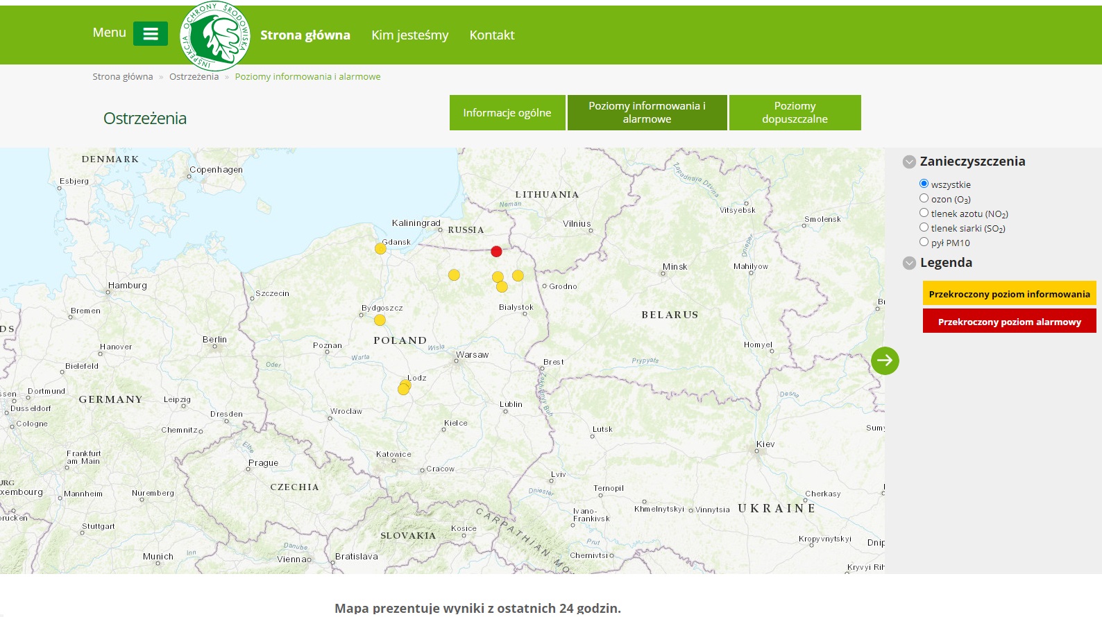 Mapa Ostrzeżeń na portalu Jakość Powietrza, gdzie oznaczono stacje, na których w dniu 01.10.2020 r. wystąpiło przekroczenie poziomu informowania/alarmowego dla pyłu zawieszonego PM10 