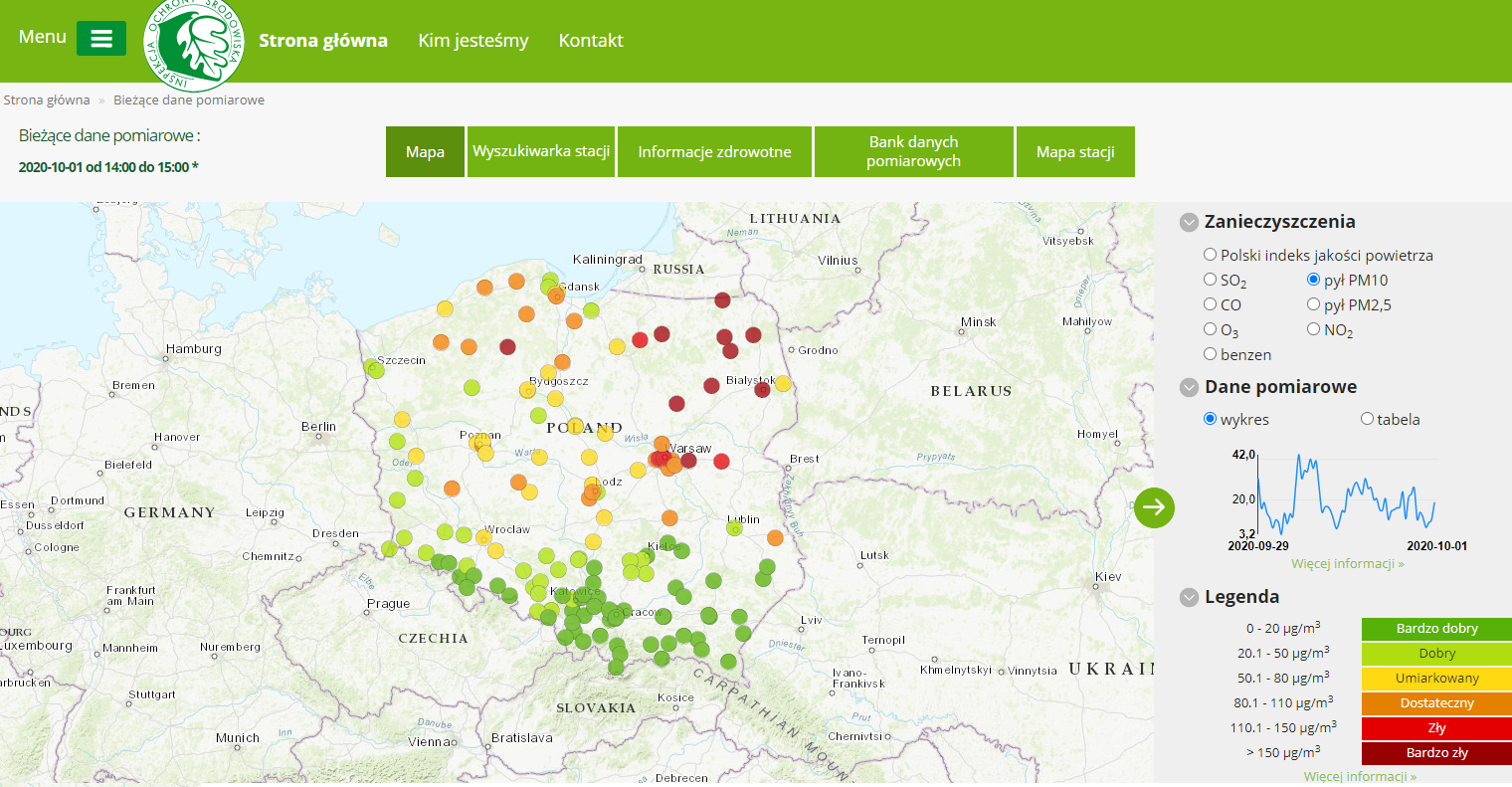Mapa bieżących danych pomiarowych portalu Jakość Powietrza z godz. 10:00