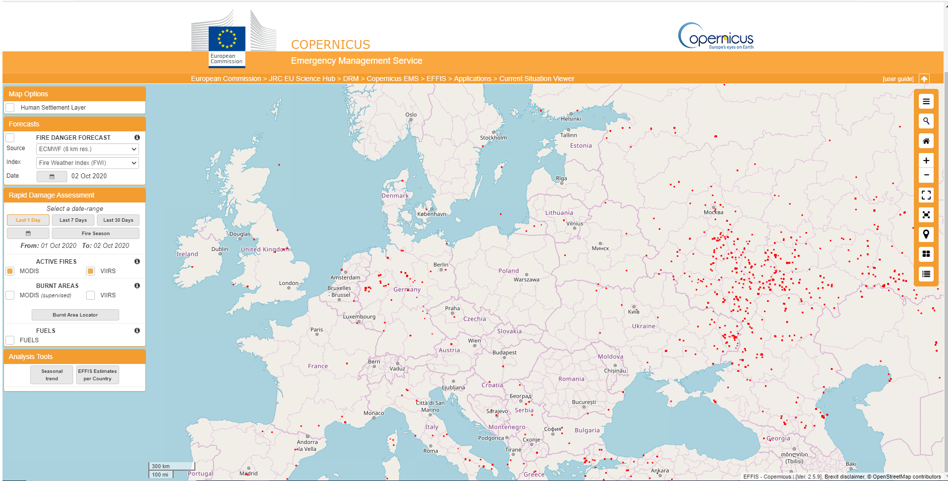 Mapa prezentująca aktywne pożary, w dniach 1-2 października 2020 r., 