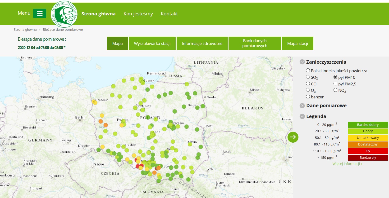 Mapa danych bieżących pył PM10