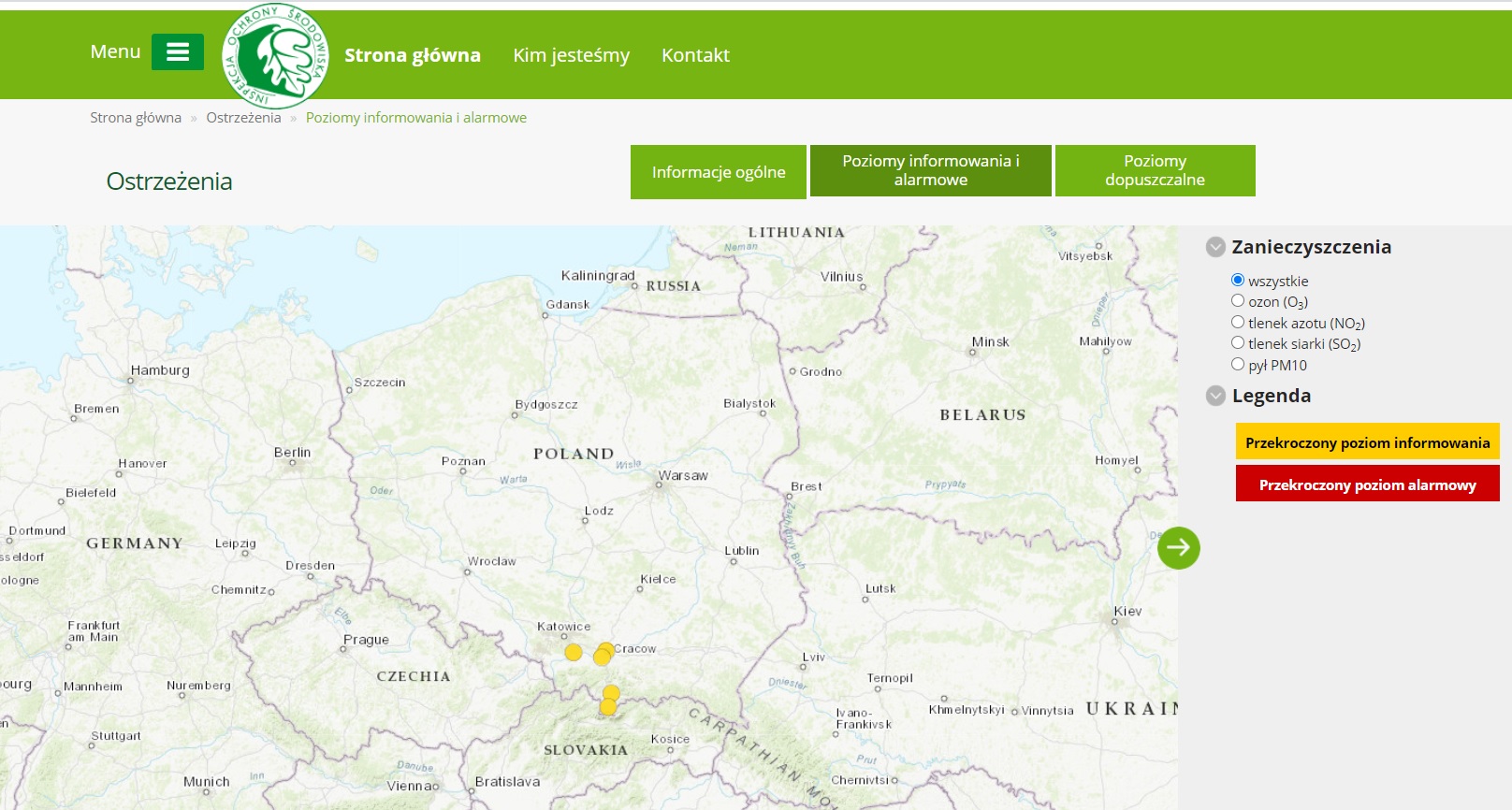 Mapa ostrzeże prezentująca 5 stacji w woj. małoposlkim na których wystąpiło przekroczenie poziomu informowania pyłu PM10 w dniu 16.12.2020