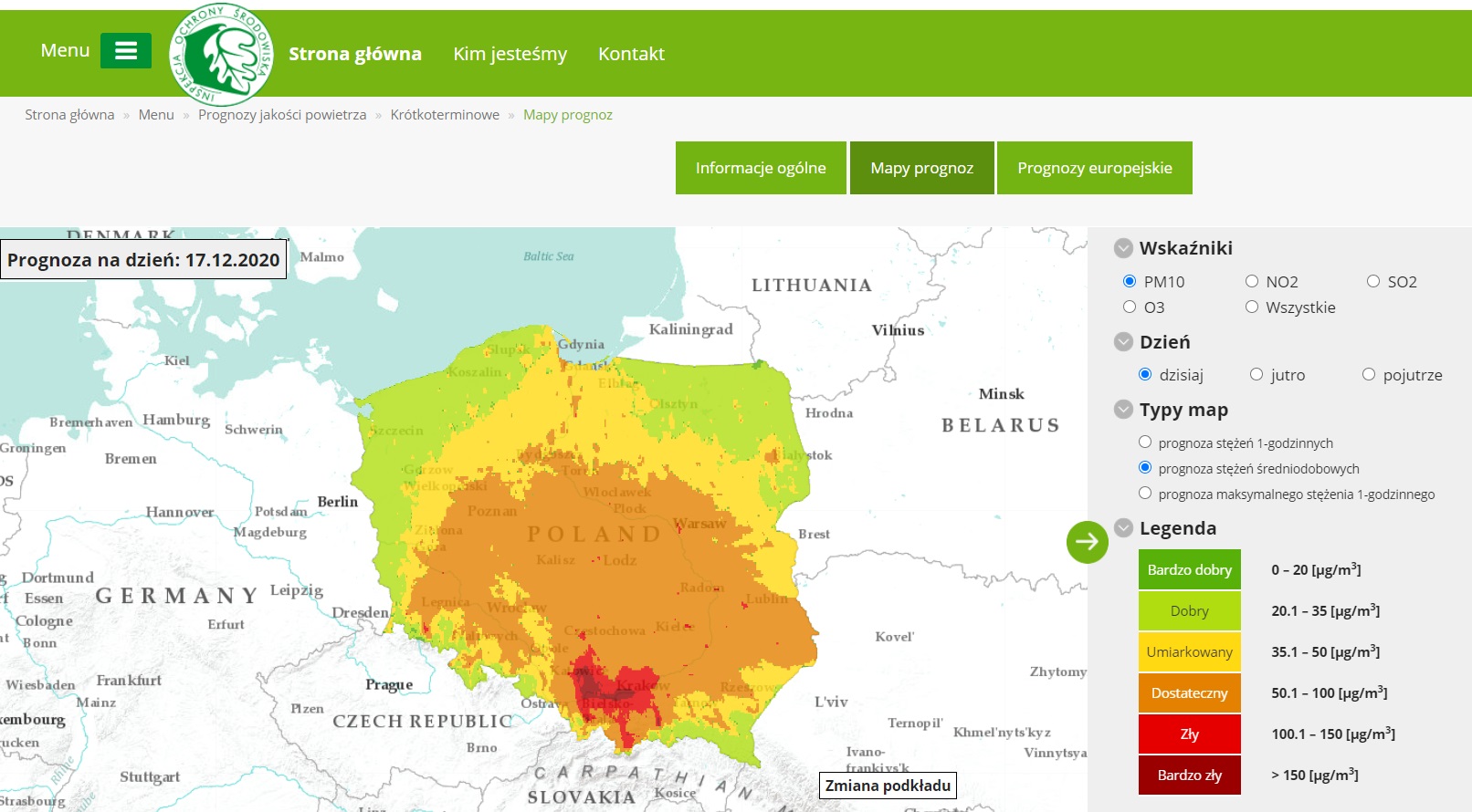Mapa prognnoz wartości średniodobowych  dla pyłu PM10 wskazująca przekroczenia na śląsku i w małopolsce
