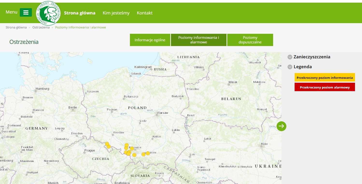 Mapa ostrzeżeń prezentująca przekroczenia poziomu informowania dla PM10 z 3 stycznia 2021 w woj. małopolskim, śląskim, opolskim, dolnośląskim