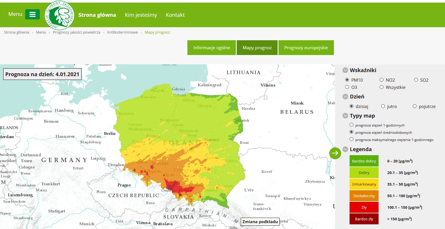 Mapa prezentująca prognozę stężeń średniodobowych pyłu PM10 na dzień 04 stycznia br