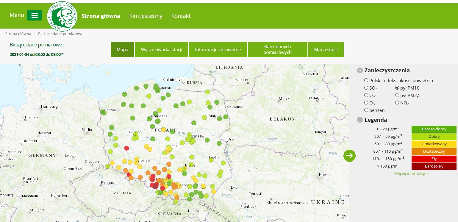 mapa bieżących danych pomiarowych - indeks jakości powietrza pyłu PM10 godz. 09:00 04.01.2021