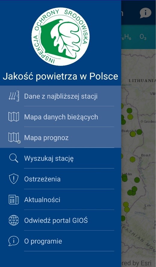 Widok menu aplikacji mobilnej