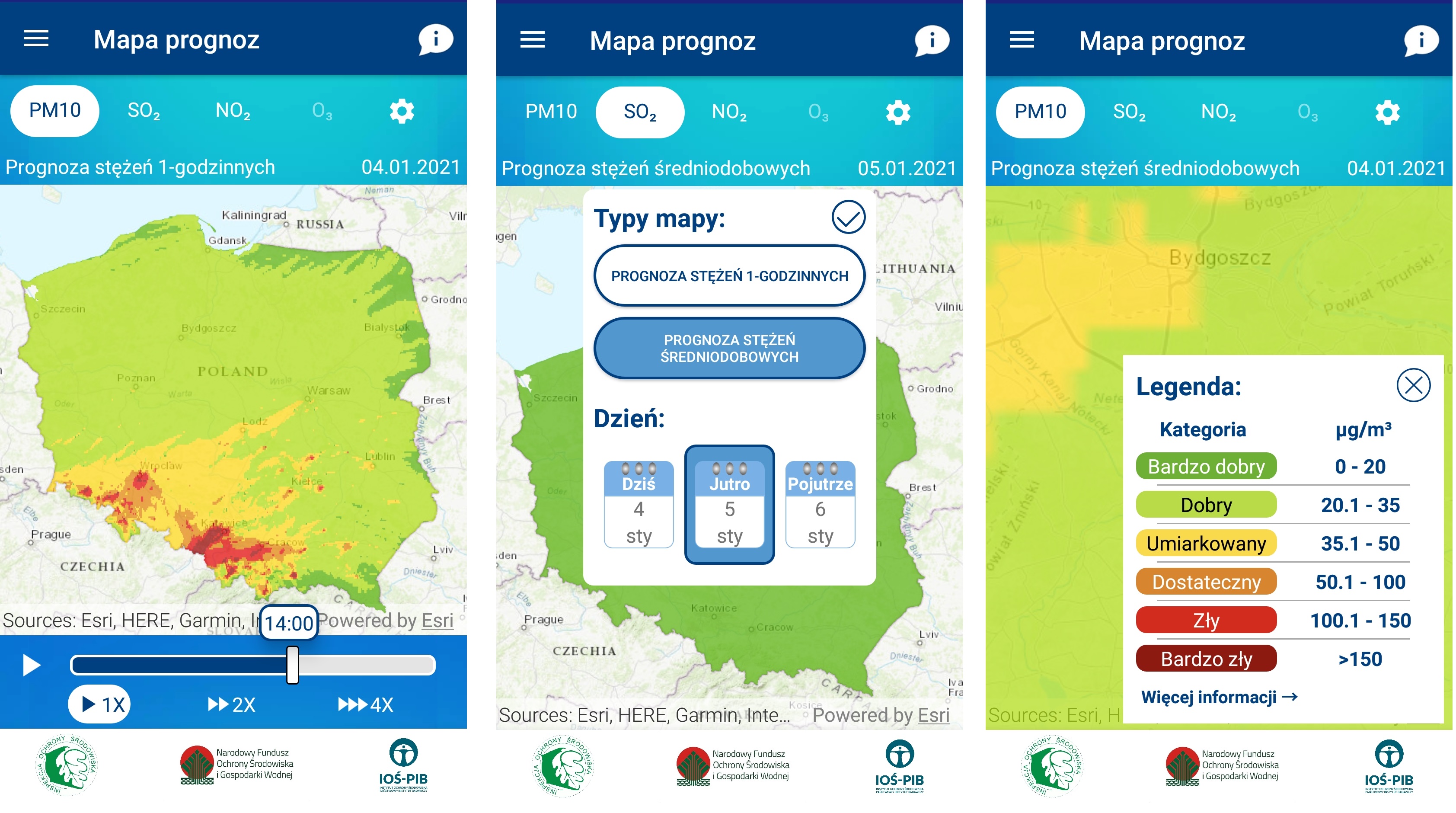 Moduły prognoz: mapa stężeń 1-h dla pyłu PM10 na 4.01.2021, Mapa prezentująca okno ustawień, mapa prezentująca legendę