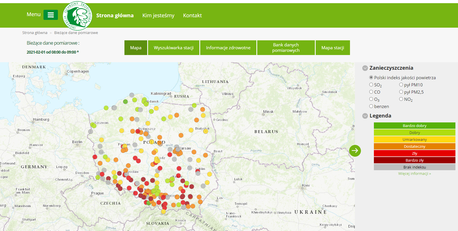 Mapa prezentująca Indeks jakości powietrza dla pyłu zawieszonego PM10, dane pomiarowe z godz. 8:00  1  lutego br.,
