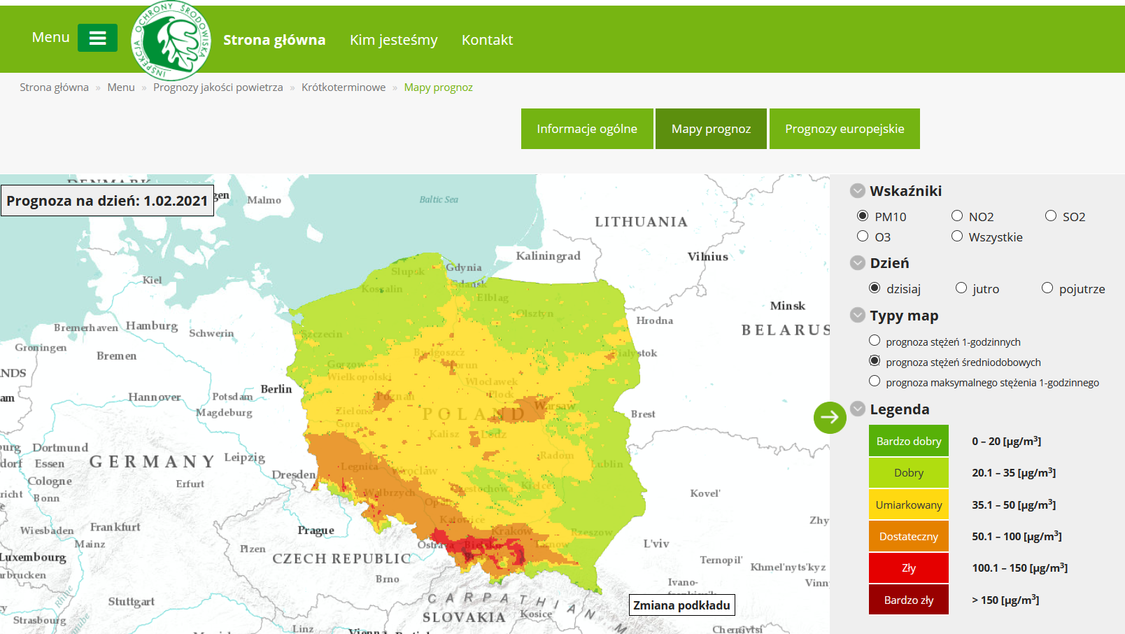 Mapa prezentująca prognozę stężeń średniodobowych pyłu PM10 na dzień 1 lutego br