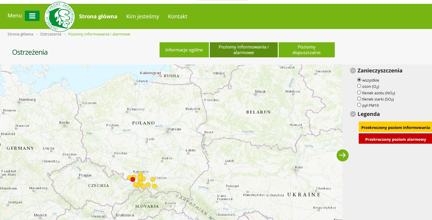 Mapa ze stacjami w wooj. śląskim i małoposkim gdzie wystąpiło przekroczenie poziomu informowania (13 stacji ) i alarmowego (1 stacja)
