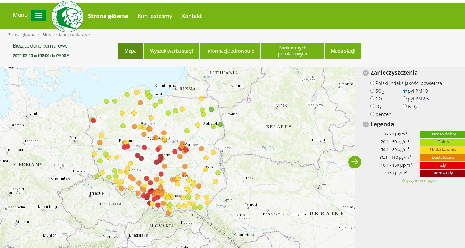 Mapa indeksu jakości powietrza dla pyłu PM10 godz. 09:00