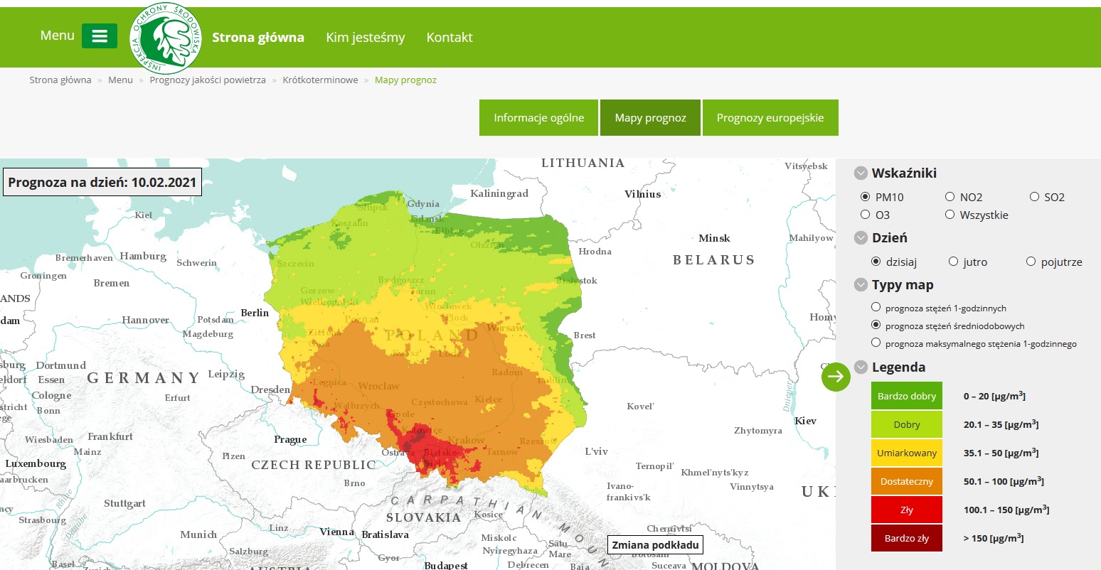 Mapa prognoz na 10.02.2021 dla PM10
