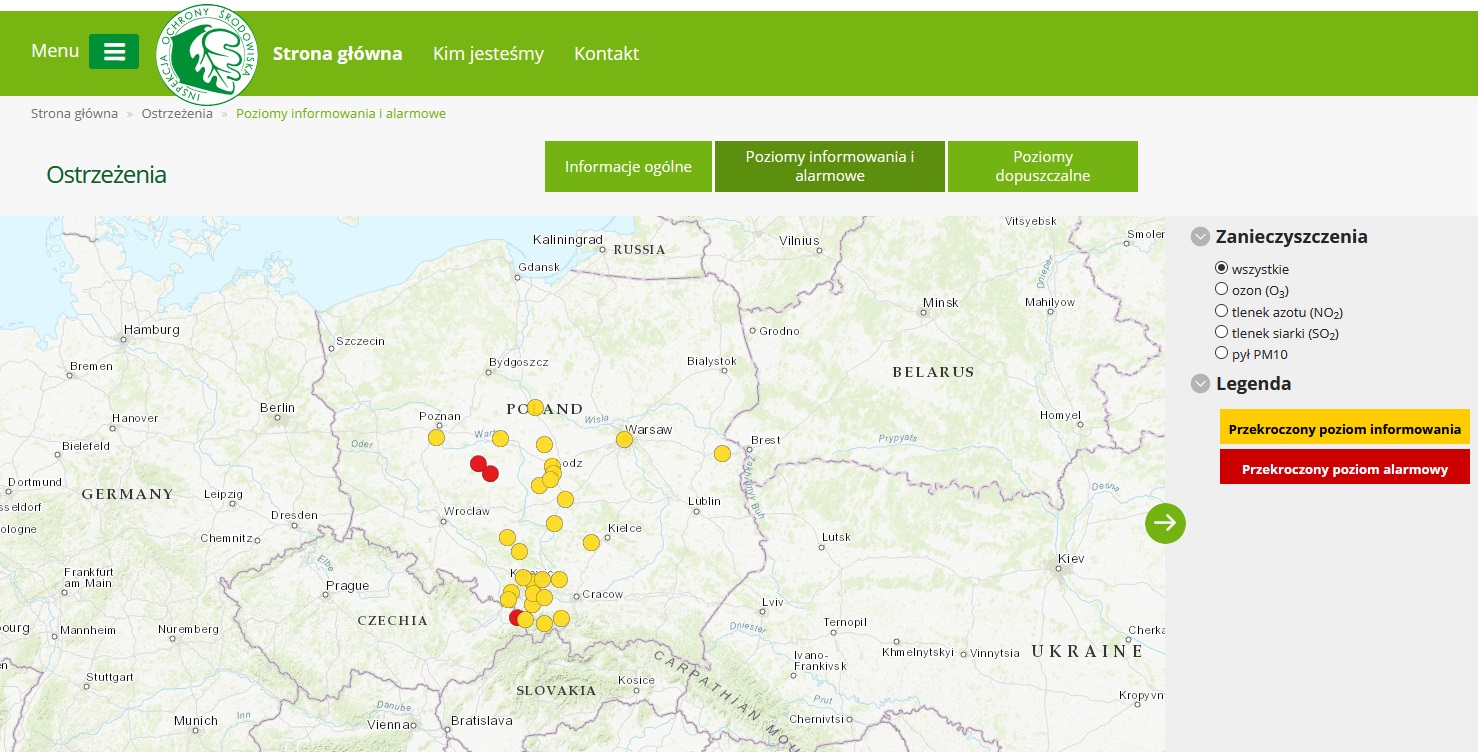 Mapa stacji gdzie wystąpiło w dniu 10 lutego przekroczeni poziomu alarmowego dla PM10 (Pleszew, Kalisz, Cieszyn) i informowania