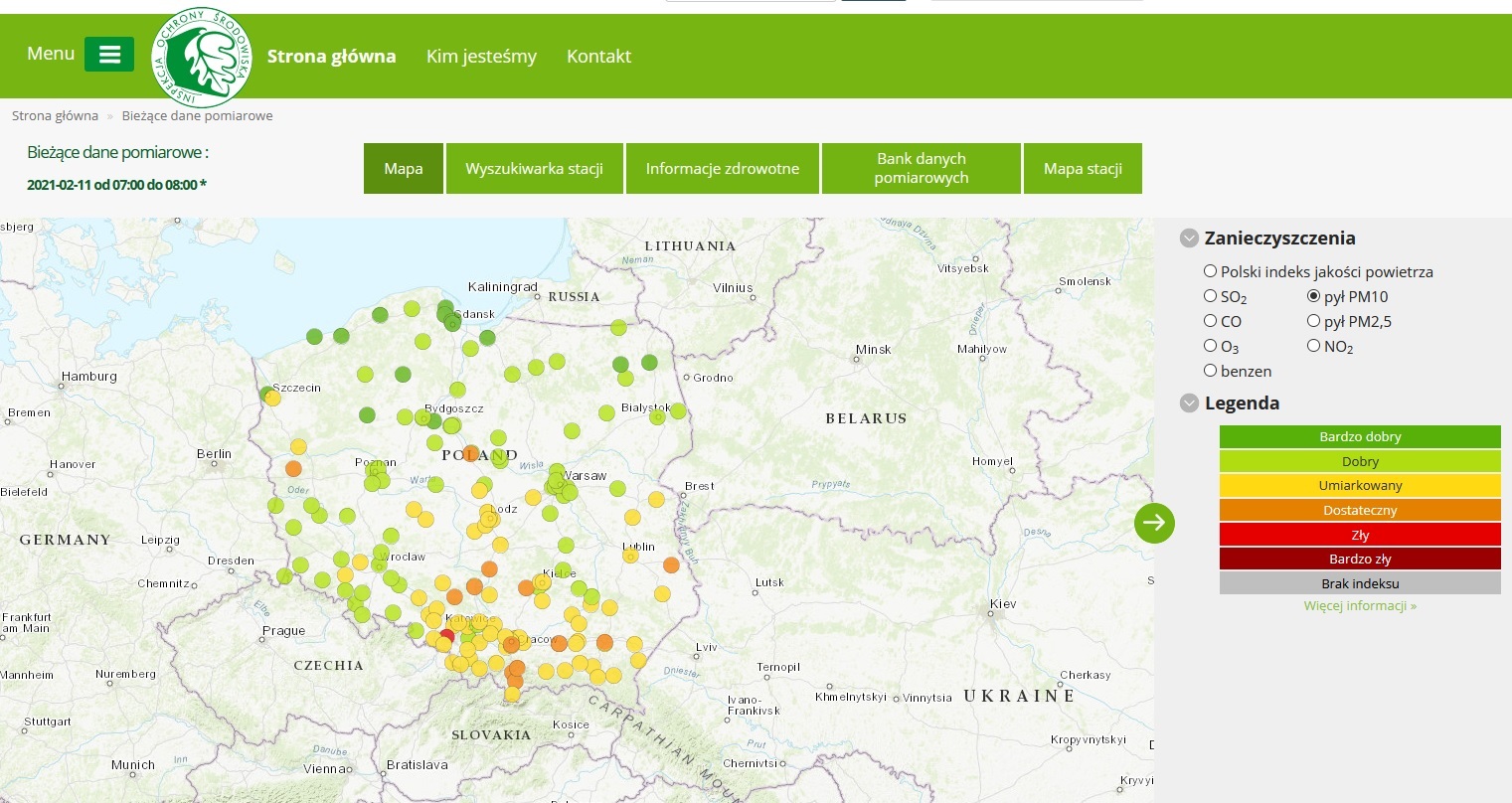 mapa indeksu jakości powietrza dla PM10 godz. 8:00