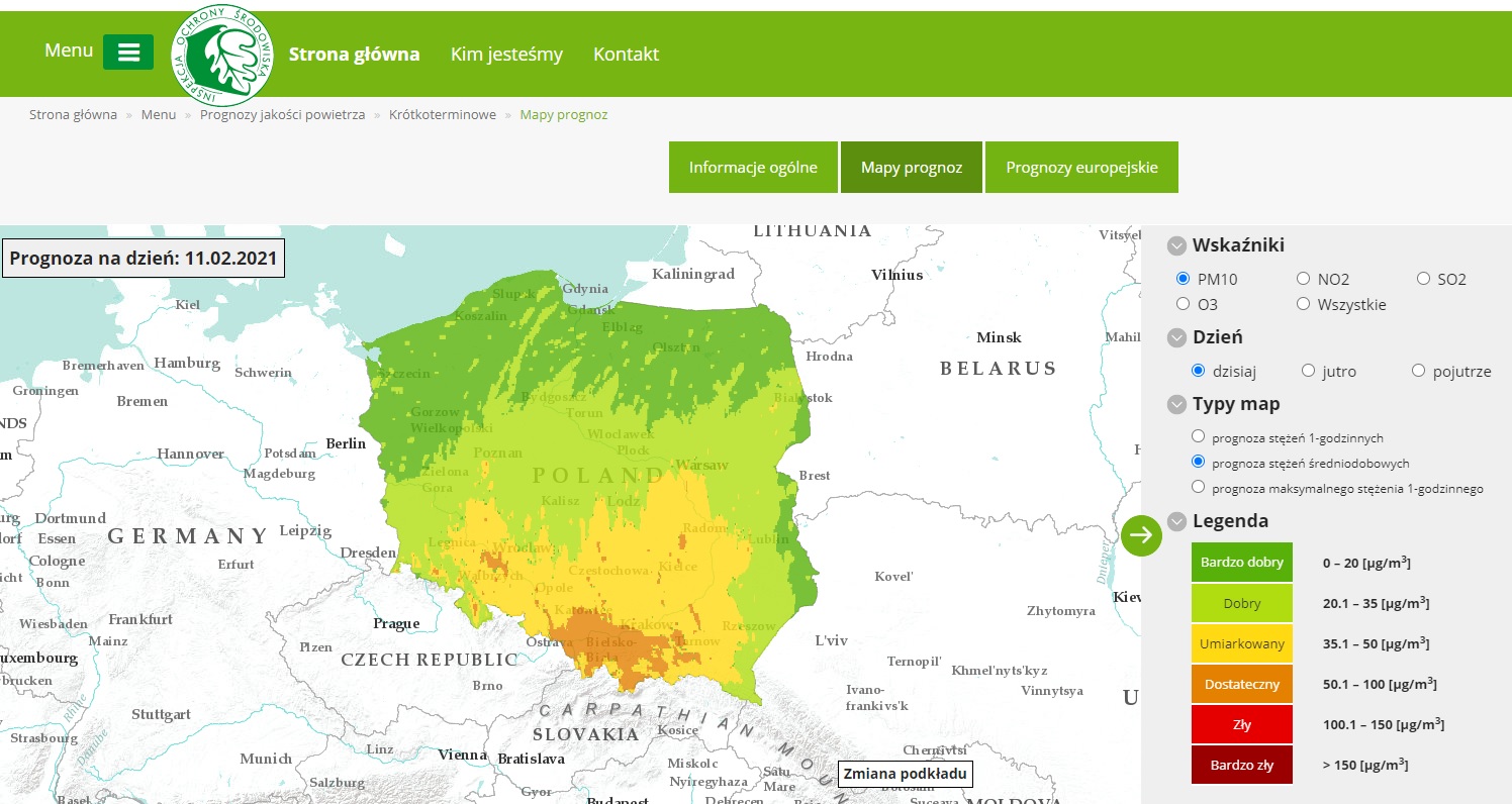 mapa prognozy zanieczyszczenia pyłem PM10 na 11 lutego mapa stężeń średniodobowych