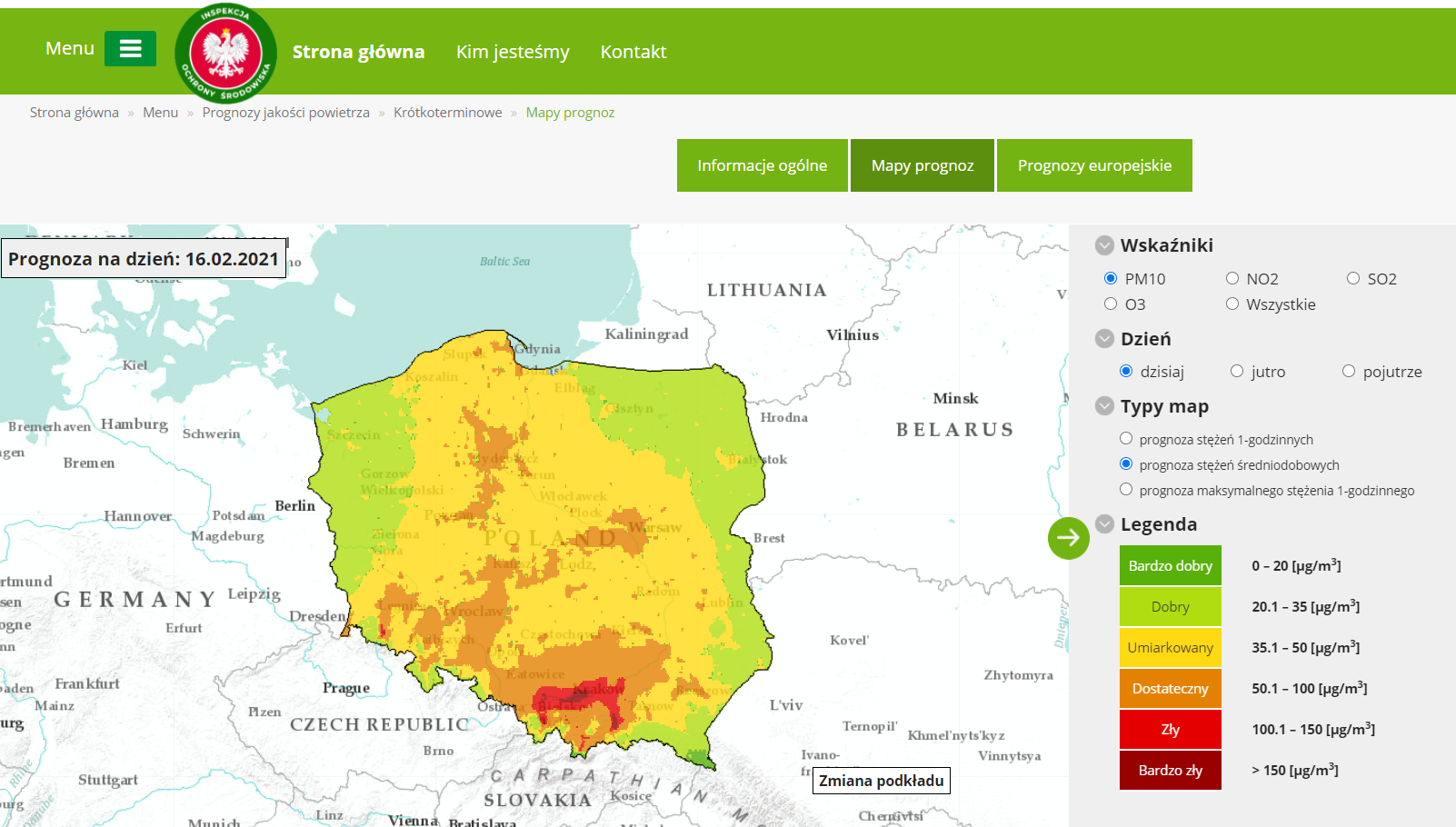 Mapa prognoz zanieczyszczenia pyłem PM10 w dniu 16.02.2021