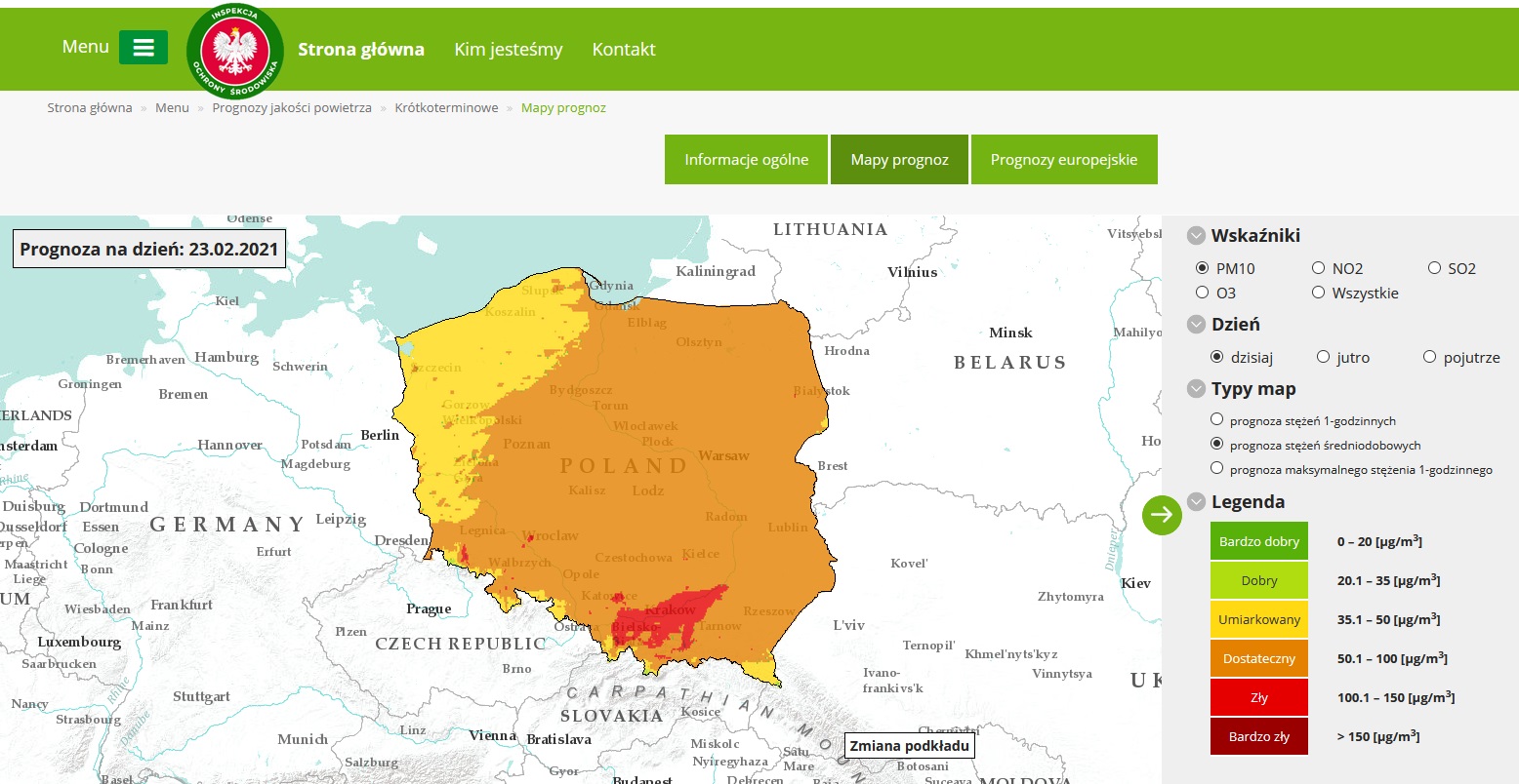 Mapa prognoz dla pyłu PM10 na 23.02.2021