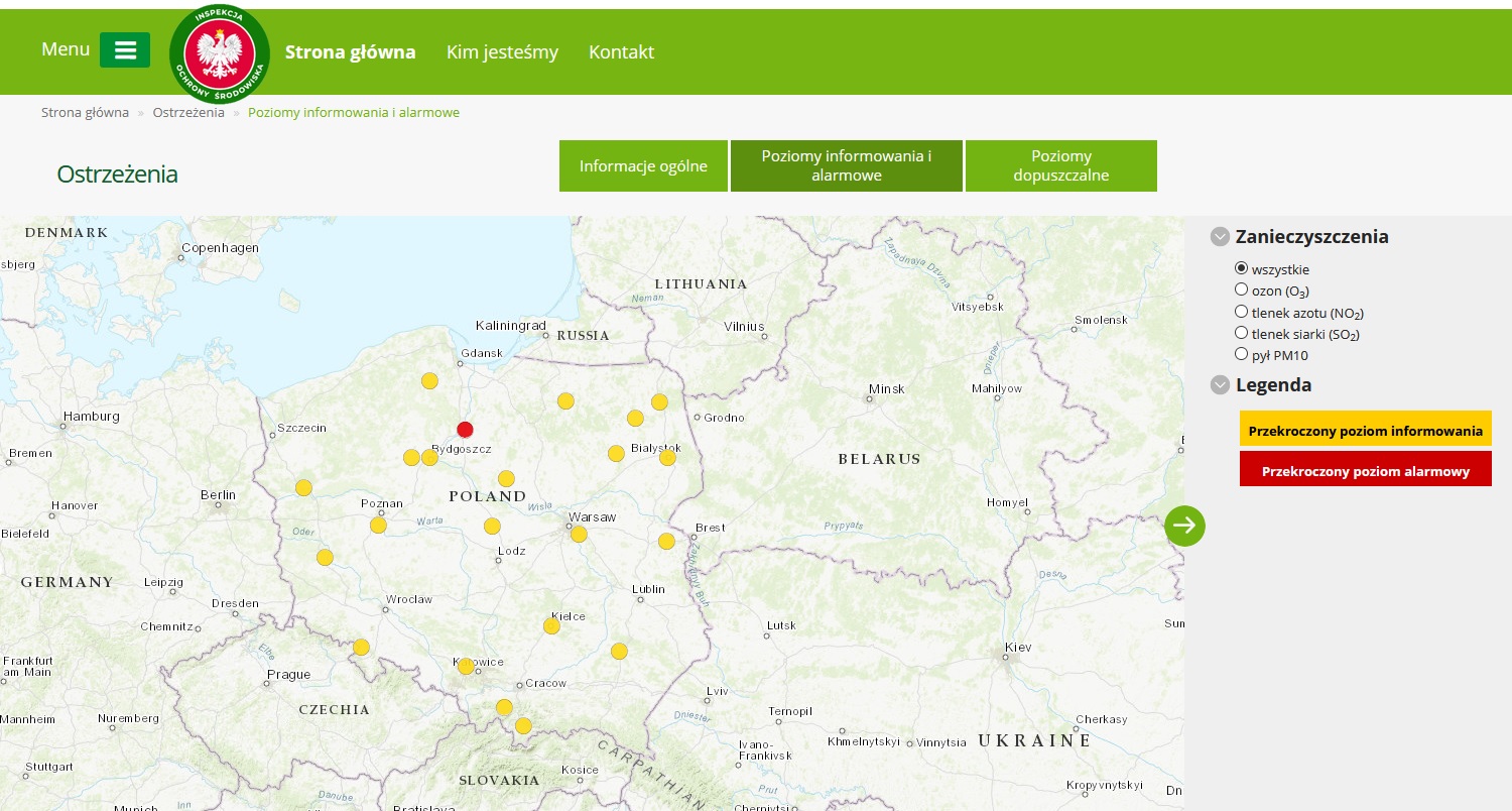 Mapa ostrzeżeń prezentująca informacje o wystąpieniu przekroczeń poziomu informowania i alarmowego dla pyłu zawieszonego PM10 w dniu 23 lutego  br., https://powietrze.gios.gov.pl/pjp/warnings