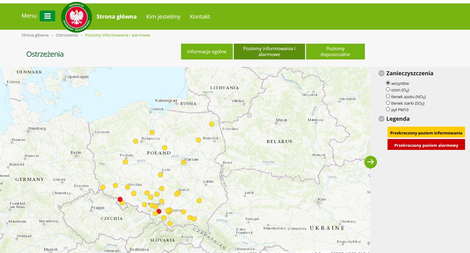 Mapa ostrzeżeń prezentująca informacje o wystąpieniu przekroczeń poziomu informowania i alarmowego dla pyłu zawieszonego PM10 w dniu 24 lutego  wypisane powyżej