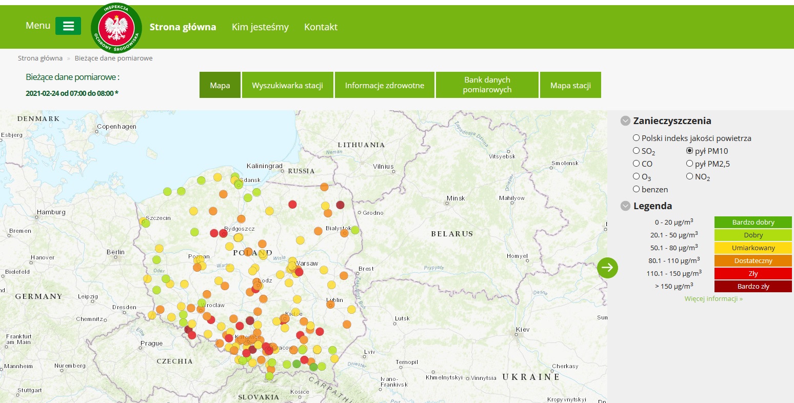 Mapa prezentująca Indeks jakości powietrza, dane pomiarowe z godz. 8:00  24  lutego br.  https://powietrze.gios.gov.pl/pjp/current