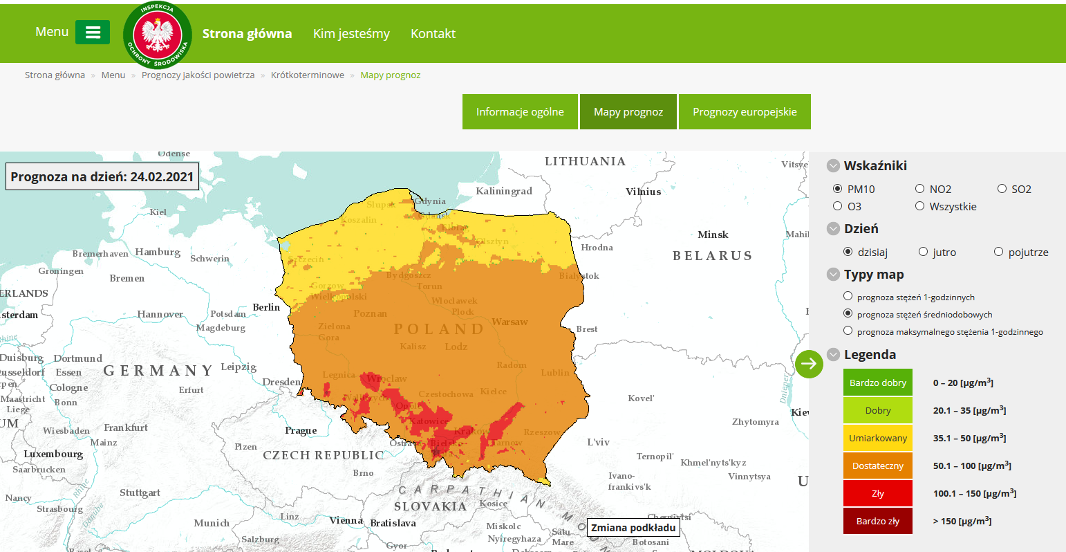 Mapa prezentująca prognozę stężeń średniodobowych pyłu zawieszonego  PM10 na dzień 24 lutego  br., opracowana przez Instytut Ochrony Środowiska – Państwowy Instytut Badawczy, https://powietrze.gios.gov.pl/pjp/airPollution  