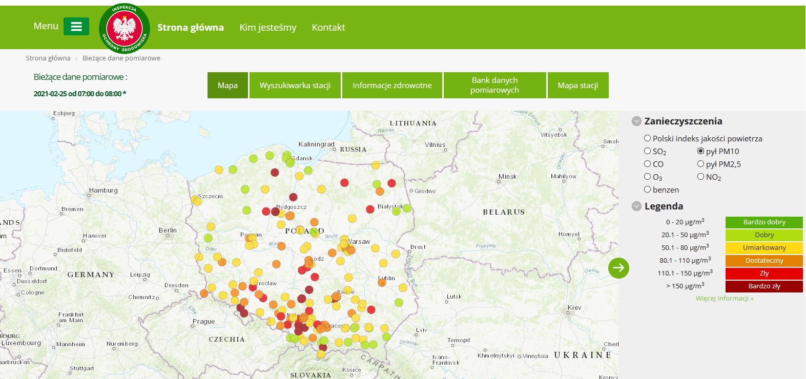 Mapa prezentująca Indeks jakości powietrza dla pyłu zawieszonego PM10, 