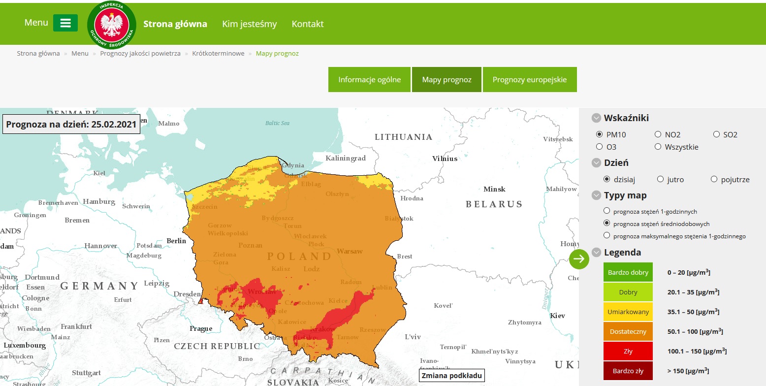 Mapa prezentująca prognozę stężeń średniodobowych pyłu zawieszonego  PM10 na dzień 25 lutego  br