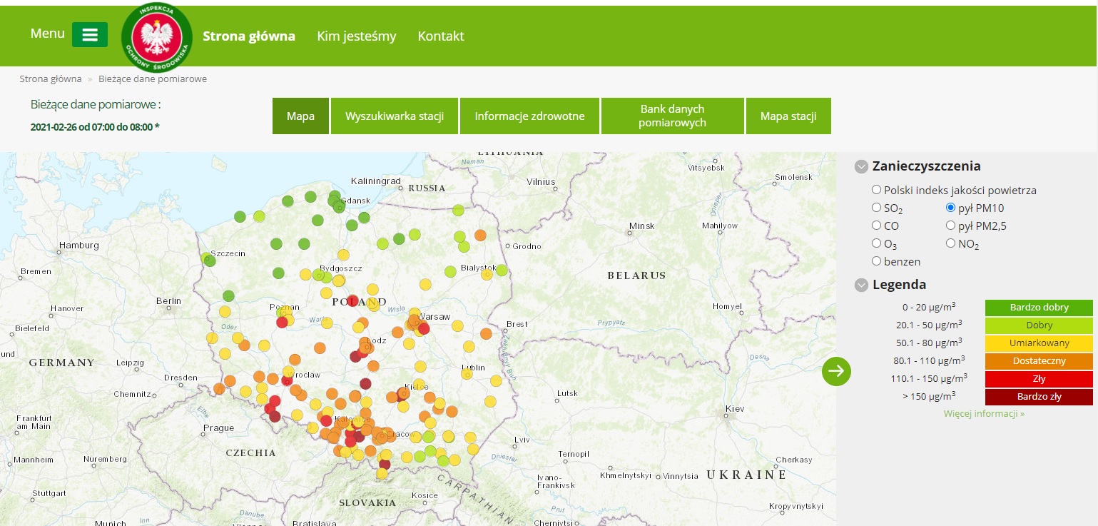 Mapa prezentująca Indeks jakości powietrza dla pyłu PM10, dane pomiarowe z godz. 8:00  26  lutego 