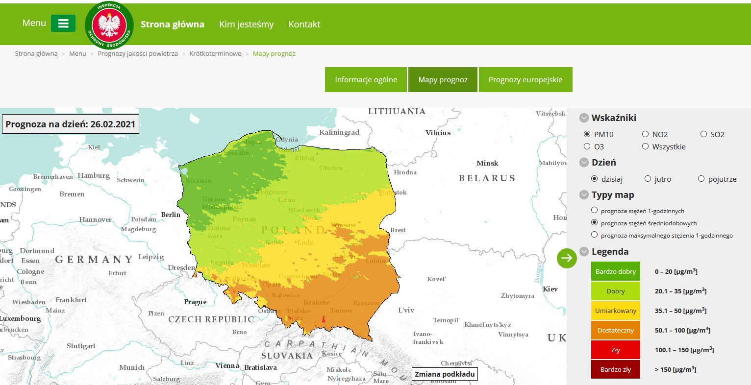 Mapa prognoz dla pyłu PM10 na 26.02