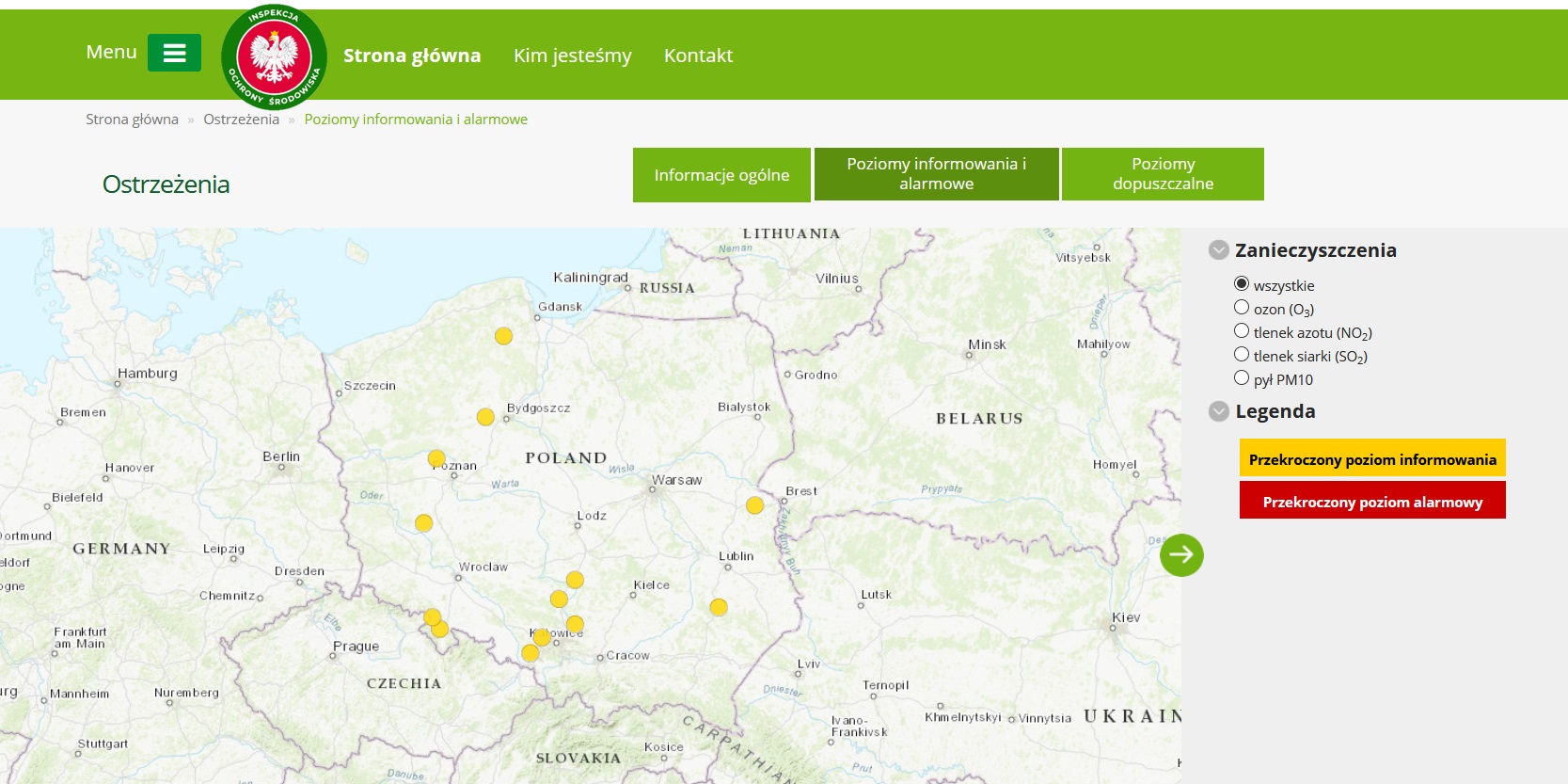 Mapa ostrzeżeń prezentująca informacje o wystąpieniu przekroczeń poziomu informowania  dla pyłu zawieszonego PM10 w dniu 25 marca  br.