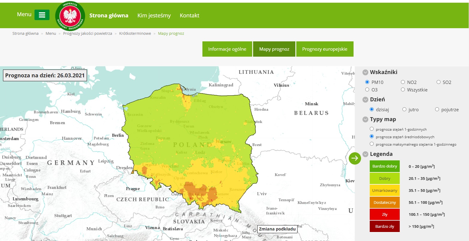 Mapa prezentująca prognozę stężeń średniodobowych pyłu zawieszonego  PM10 na dzień 26 marca  br., opracowana przez Instytut Ochrony Środowiska – Państwowy Instytut Badawczy