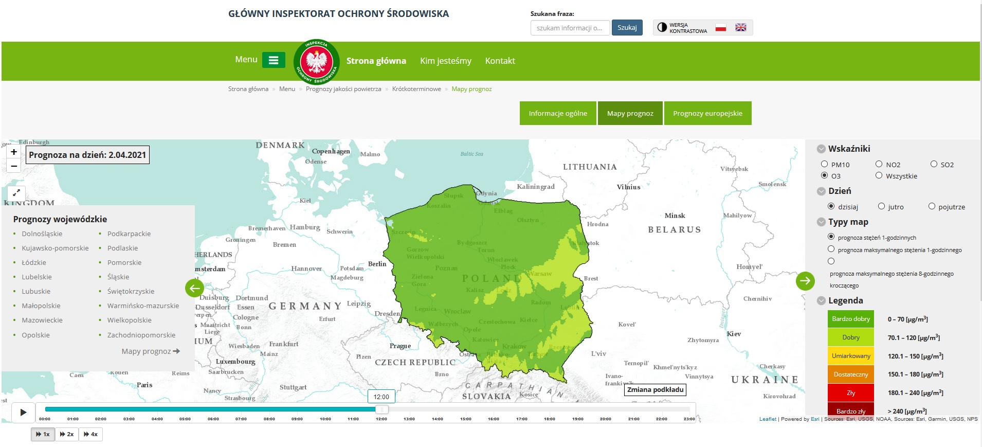 Moduł prognoz jakości powietrza - mapa dla ozonu