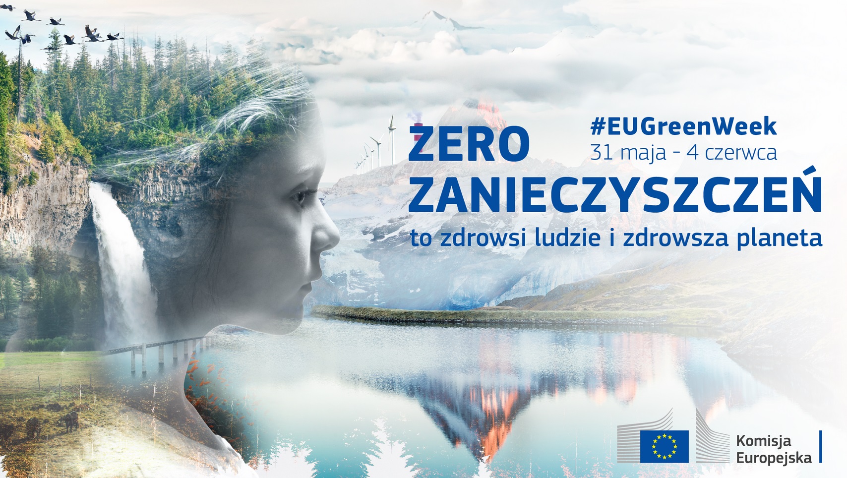 Grafika reklamowa organizatora, twarz dziecka  na tle lasu i zbiornika wodnego