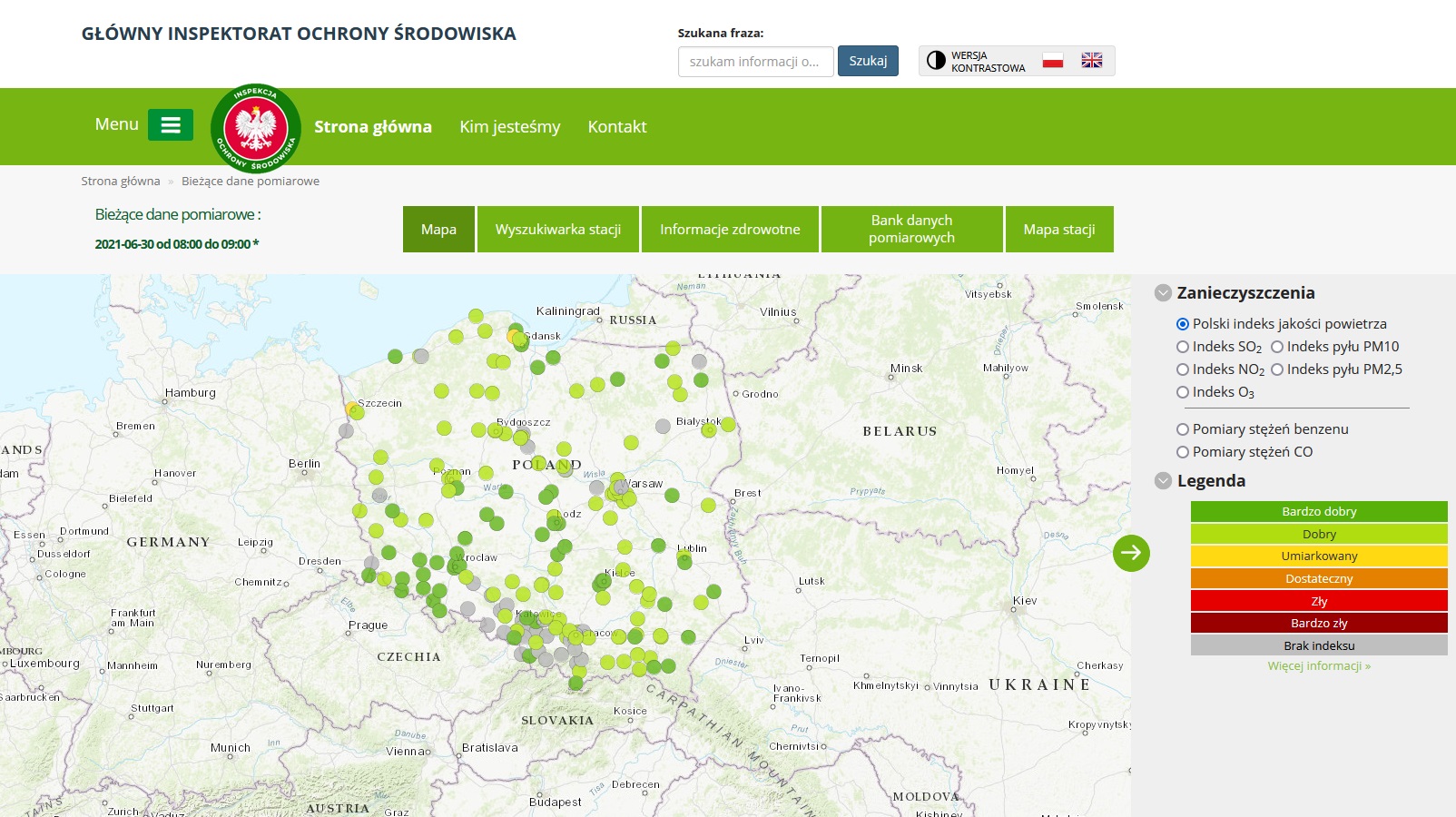 Mapa danych bieżących prezentująca nowy sposób prezentacji wyników pomiarów