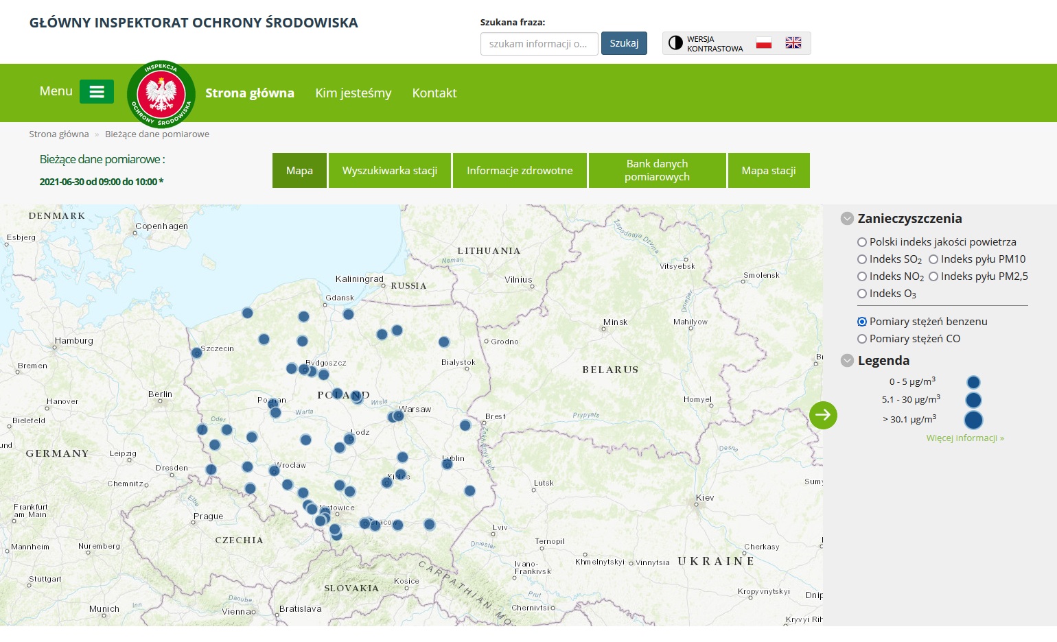Mapa danych bieżących prezentująca nowy  sposób informowania o stężeniach benzenu