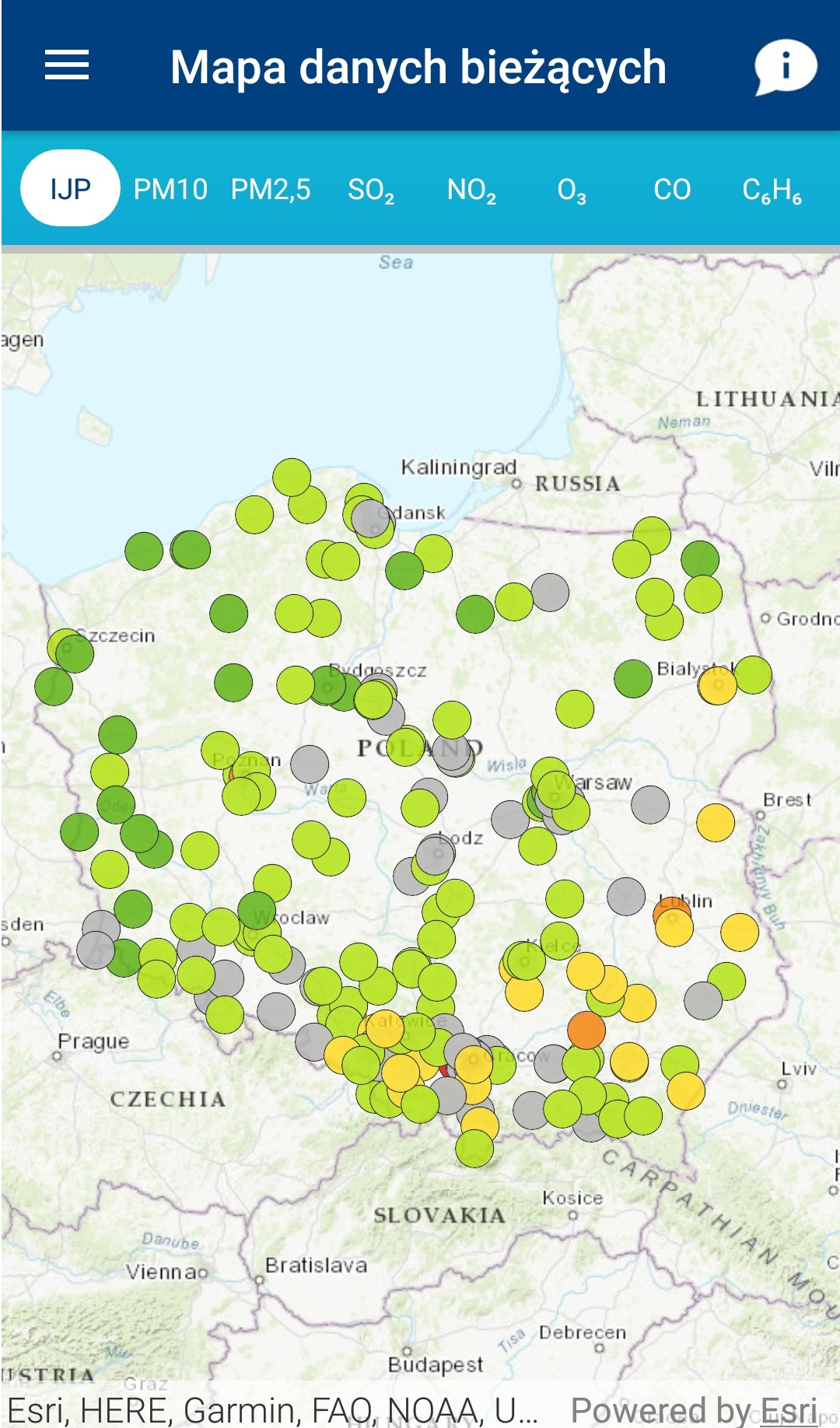 Zdjęcie mapy bieżących danych w aplikacji mobilnej Jakość Powietrza w Polsce