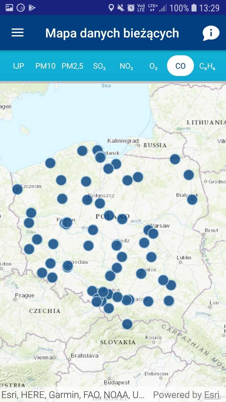Mapa bieżących danych pomiarowych w aplikacji mobilnej - stężenia tlenku węgla