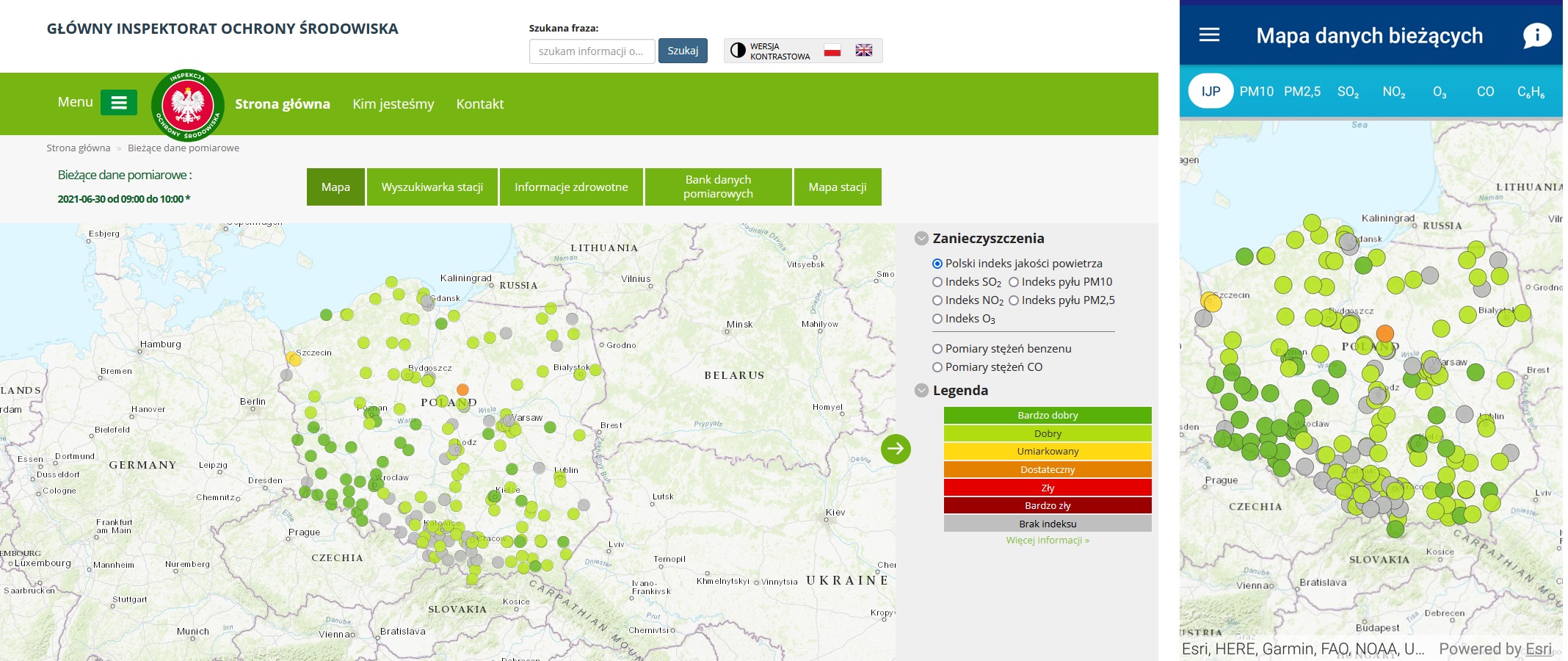 Mapa danych bieżących portalu i aplikacji mobilnej prezentująca nowy sposób prezentacji wyników pomiarów