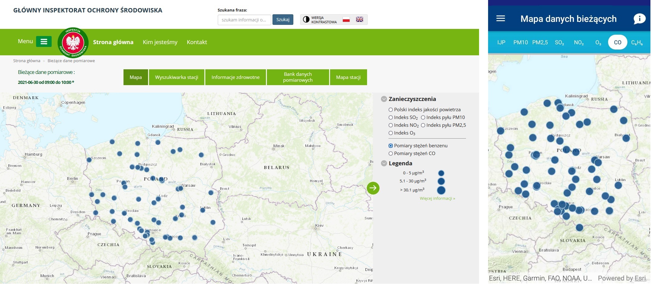 Mapa danych bieżących prezentująca nowy  sposób informowania o stężeniach benzenu i CO na portalu i w aplikacji mobilnej