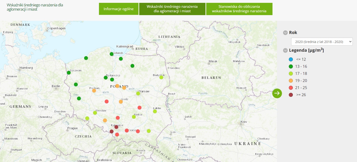 Mapa wskaźnika średniego narażenia na pył PM2,5 dla aglomeracji i miast