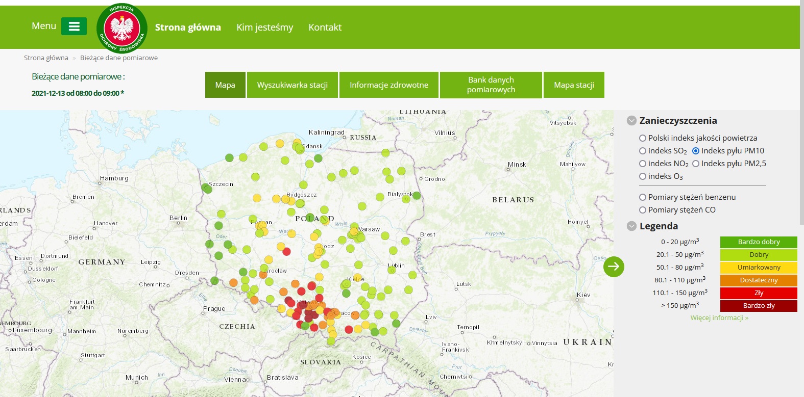 Mapa prezentująca Indeks jakości powietrza dla pyłu zawieszonego PM10, dane pomiarowe z godz. 9:00  13 grudnia
