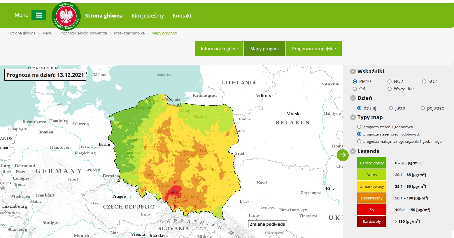 Mapa prezentująca prognozę stężeń średniodobowych pyłu zawieszonego  PM10 na dzień 13 grudnia, 