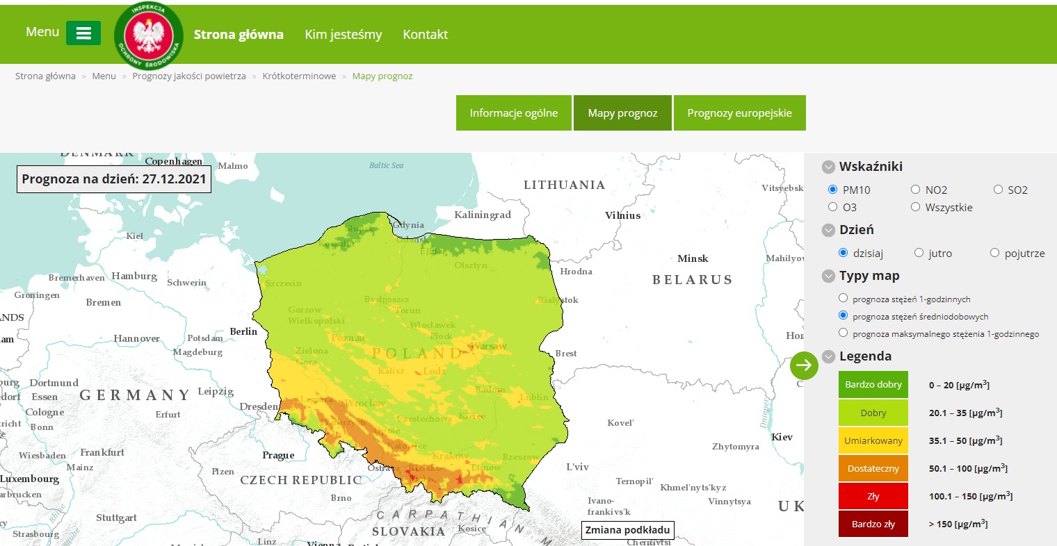 Mapa prognoz stężenia średniodobowe pyłu PM10 na 27 grudnia
