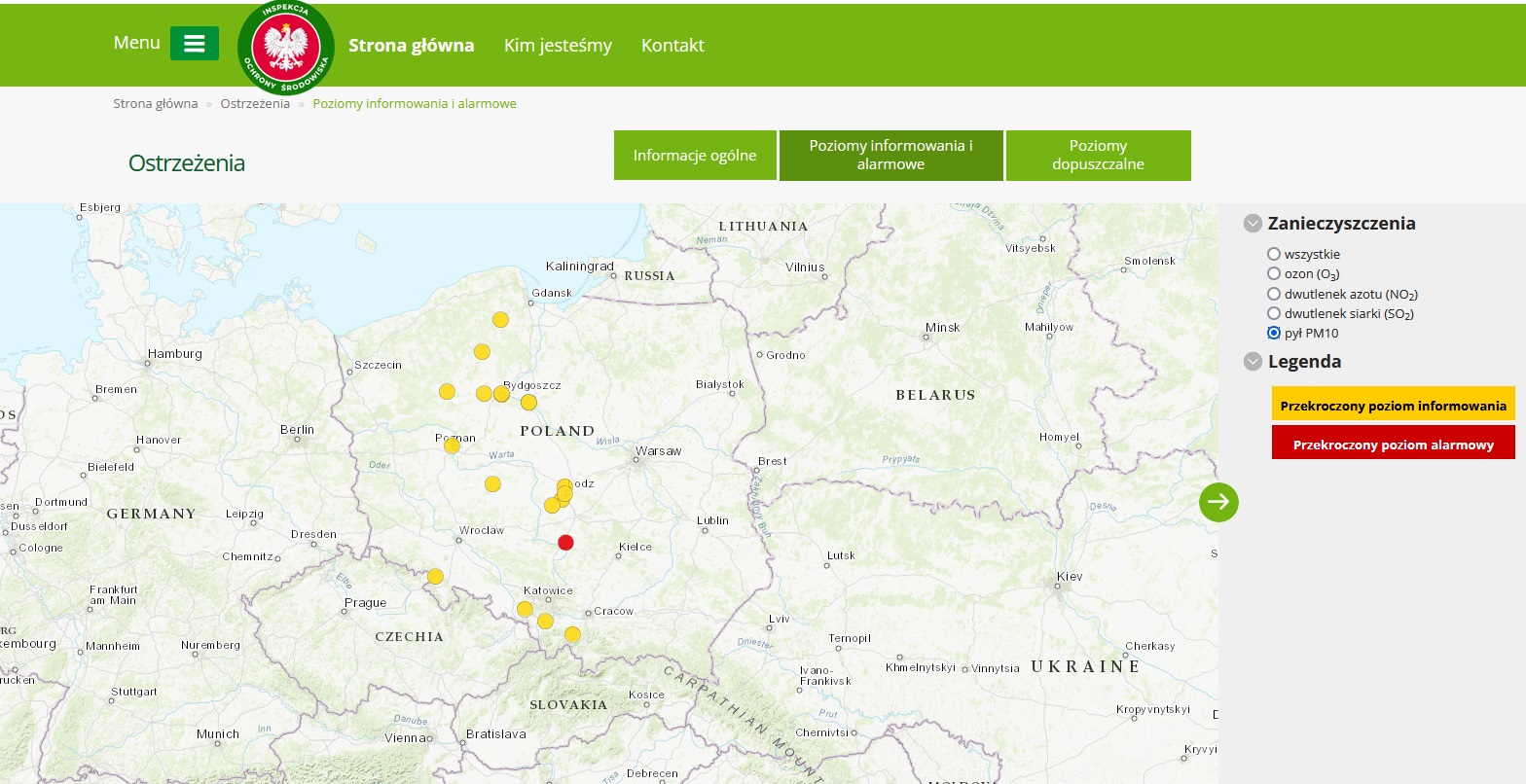 mapa prezentuje lokalizacje wyżej wymienionych stacji, na ktoryhc 2 marca wystąpiło przekroczenie poziomu informowania/alarmowego