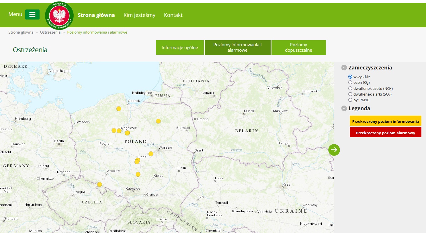 Mapa ostrzeżeń z oznaczonymi stacjami na których 1 marca wystąpiło przekroczenie poziomu informowania dla pyłu zawieszonego PM10